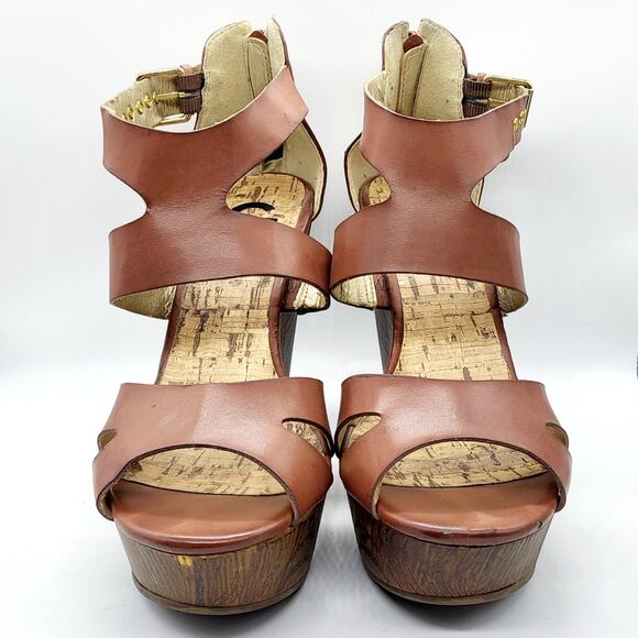 G by GUESS Sylbie Light Brown Strappy Peep Toe Wedge Platform Sandals Size 8.5M - Picture 2 of 13